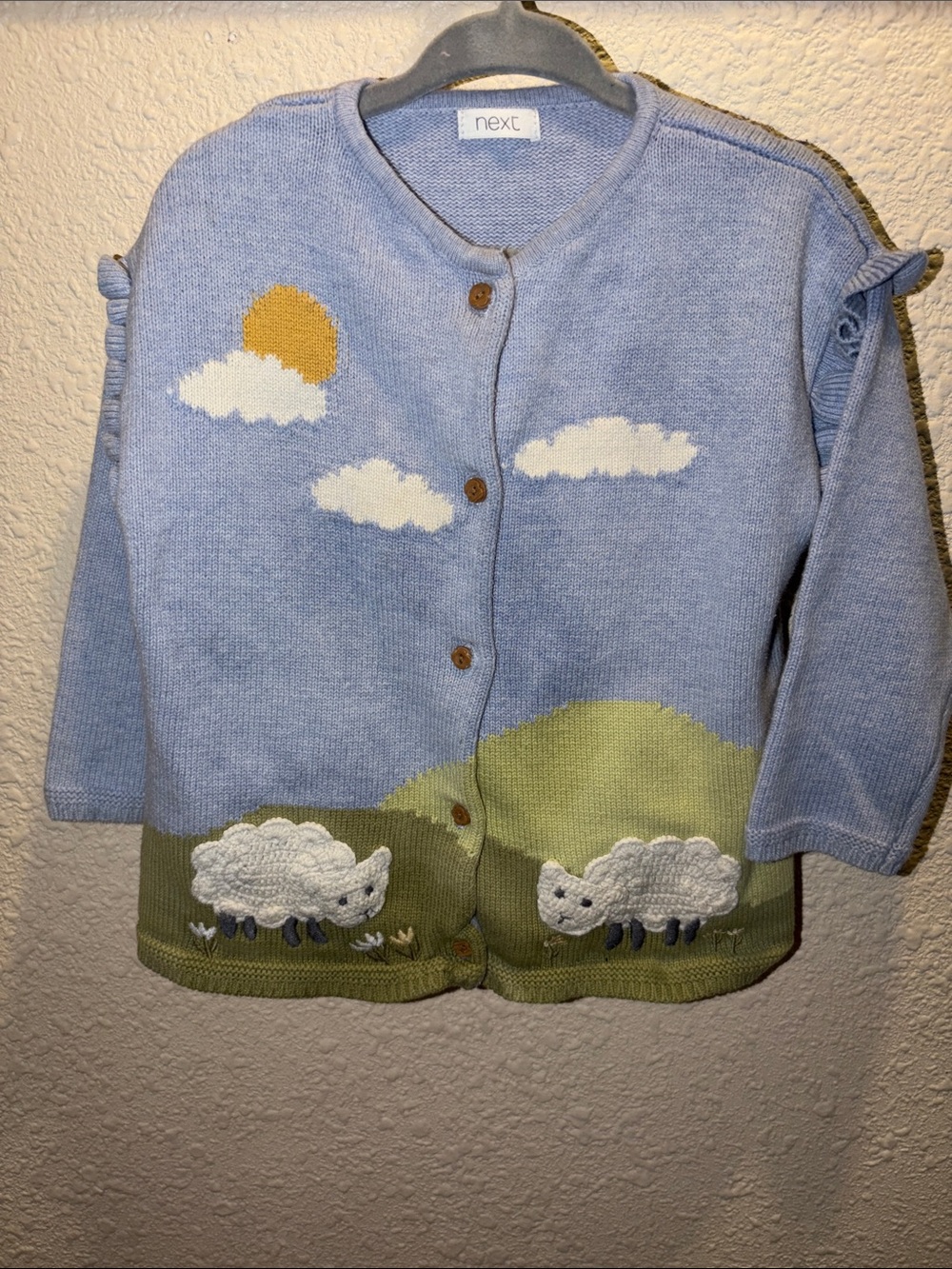 next Blue & Green Sheep Knit Cotton Cardigan with Sun and Clouds